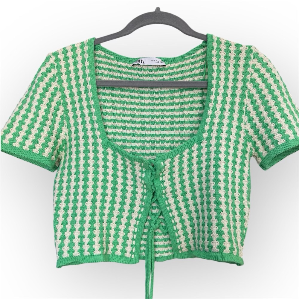 ZARA 
-Green and white crochet knit cardigan with tie front and